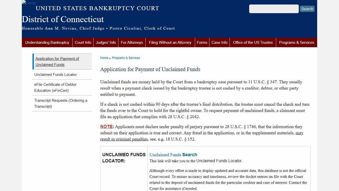 Application for Payment of Unclaimed Funds | District of Connecticut | United States Bankruptcy Court